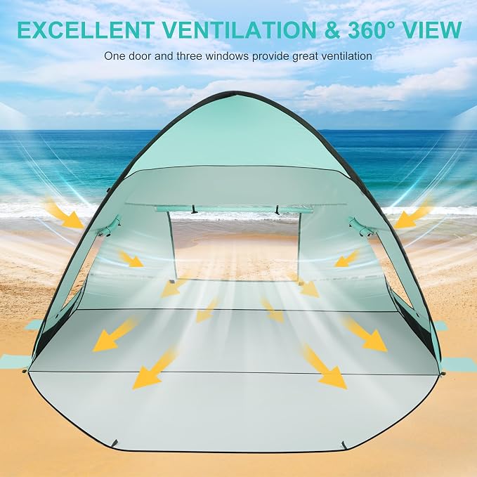 TOBTOS UPF 50+ Pop Up Beach Tent, Easy Set Up Beach Umbrella, Sun Shelter - Image 3