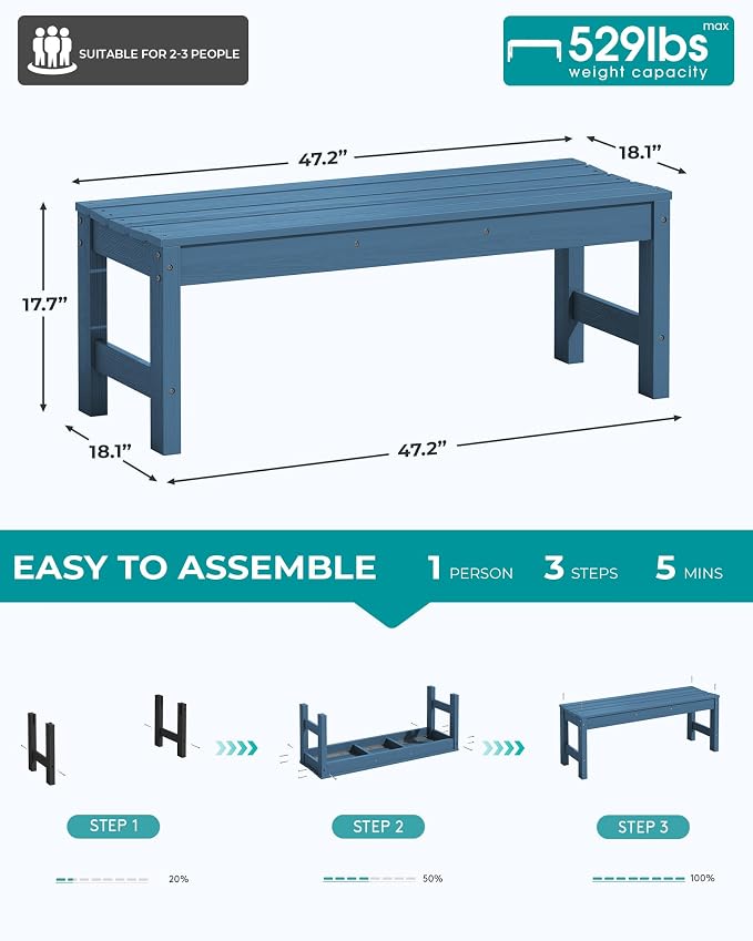 SERWALL 47 Inches Outdoor Bench Set of 2, All Weather HDPE Backless Bench - Image 3