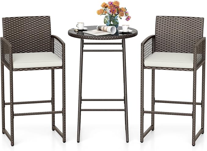 Tangkula 3 Piece Patio Bar Set, Outdoor Wicker Bar Height Glass Top Table & 2 by TANGKULA