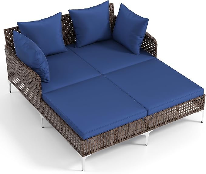 Tangkula Outdoor Rattan Double Daybed, Boho Wicker Chaise Lounge by TANGKULA