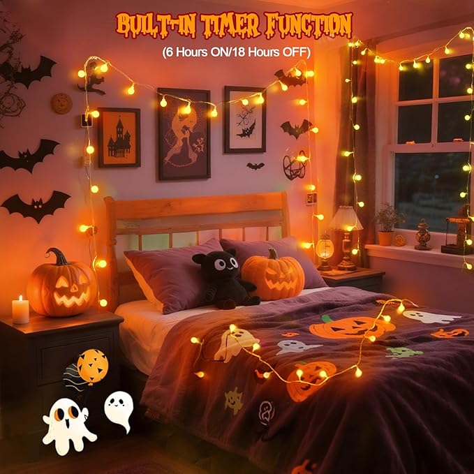 LORRYTE Connectable Orange Halloween Lights Outdoor Indoor - 43FT 100LED Globe - Image 5