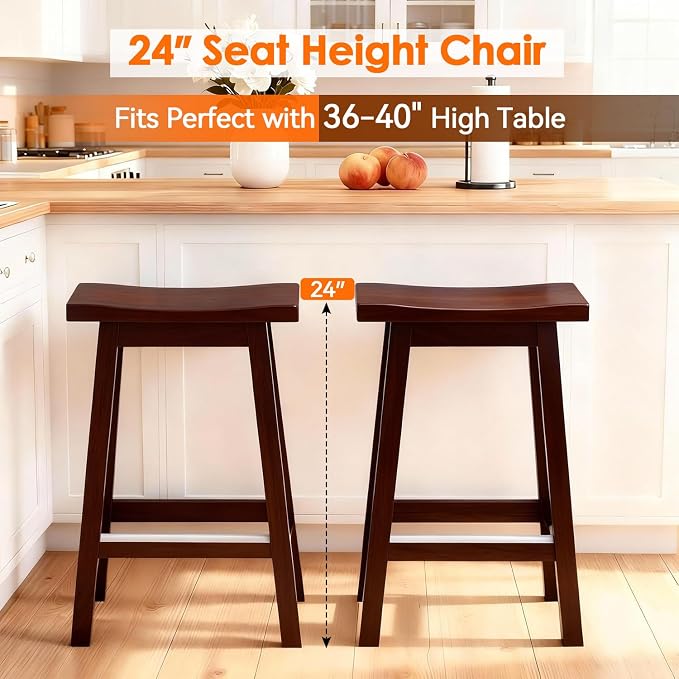 PayLessHere Bar Stools Set of 2, Wooden Saddle Stools 24 Inch Heigh, Bar Chairs - Image 4