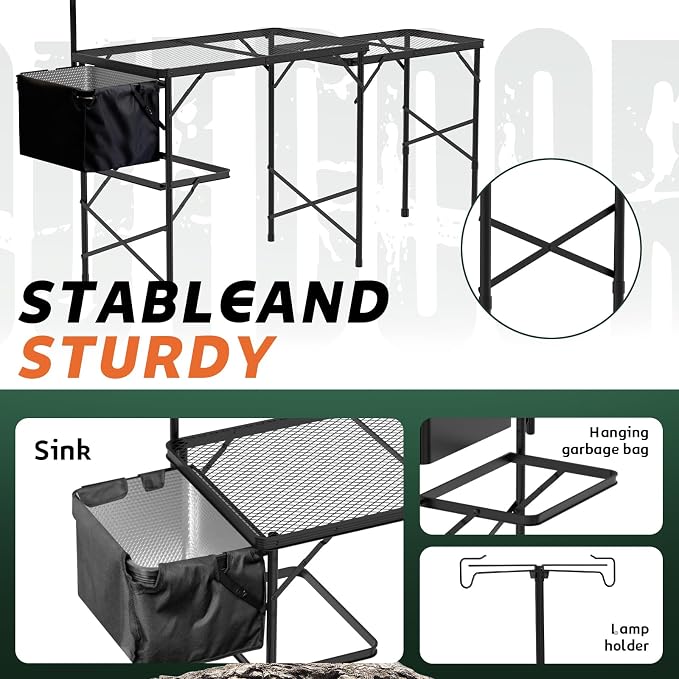 Folding Table with Sink and Double Shelf, Camping Table Height Adjustable - Image 6