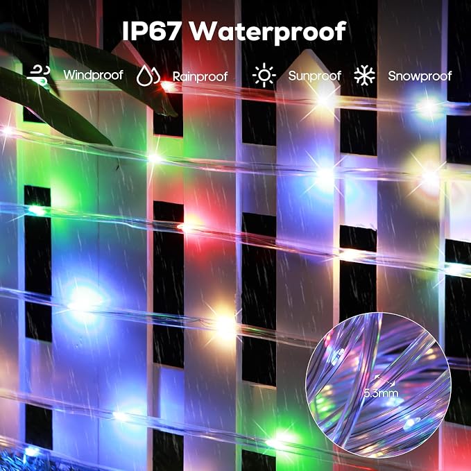 ICRGB Solar Rope Lights Outdoor, 66Ft 200LED 1800mAh Christmas String Lights - Image 7