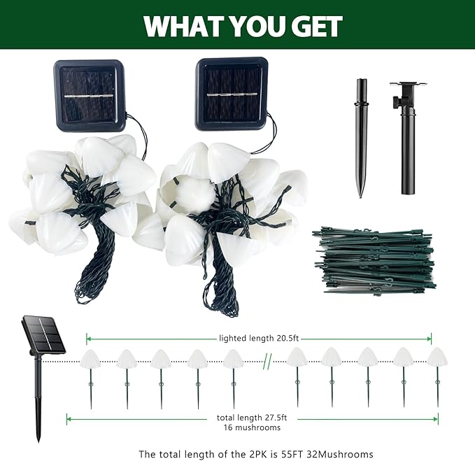 OZS 2PK 32LED 55FT Mushroom Solar Garden Lights Outdoor, Solar String Lights - Image 7
