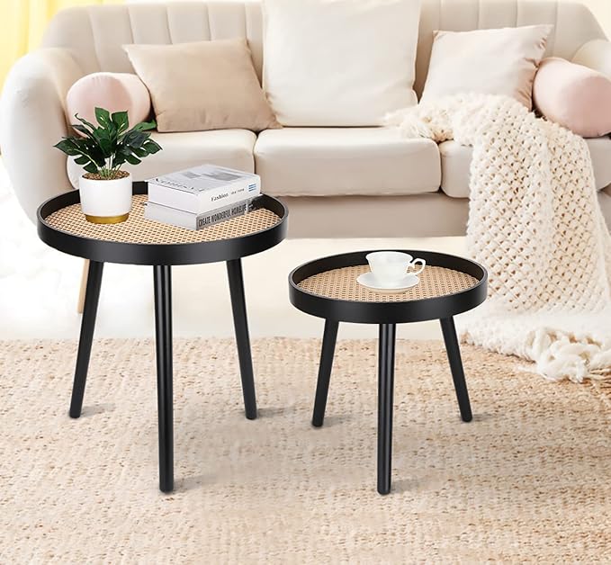 Rattan Round Side Table, Accent Table, Modern Boho Bedside Table, Mid-Century - Image 2