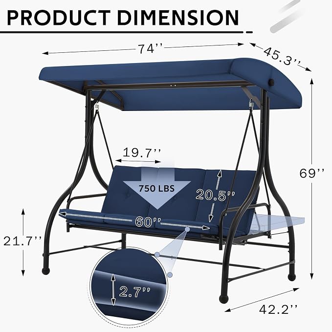 U-MAX Porch Swing Chair with Adjustable Backrest&Canopy, 3 Seat Patio Swing - Image 5