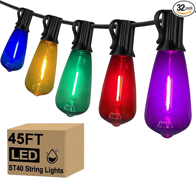 45Ft Multicolor Outdoor String Lights, ST40 Vintage Patio Lights by Oviejo