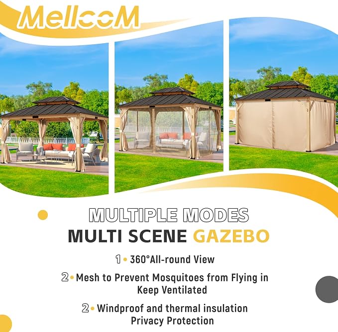 MELLCOM 11'x13' Asphalt Hardtop Gazebo, Spruce Wood Double Roof Gazebos - Image 5