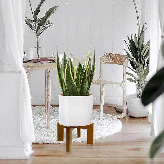 Wood Plant Stand, Mid Century Modern Planter Stand Rattan Flower Pot Stand - Image 3