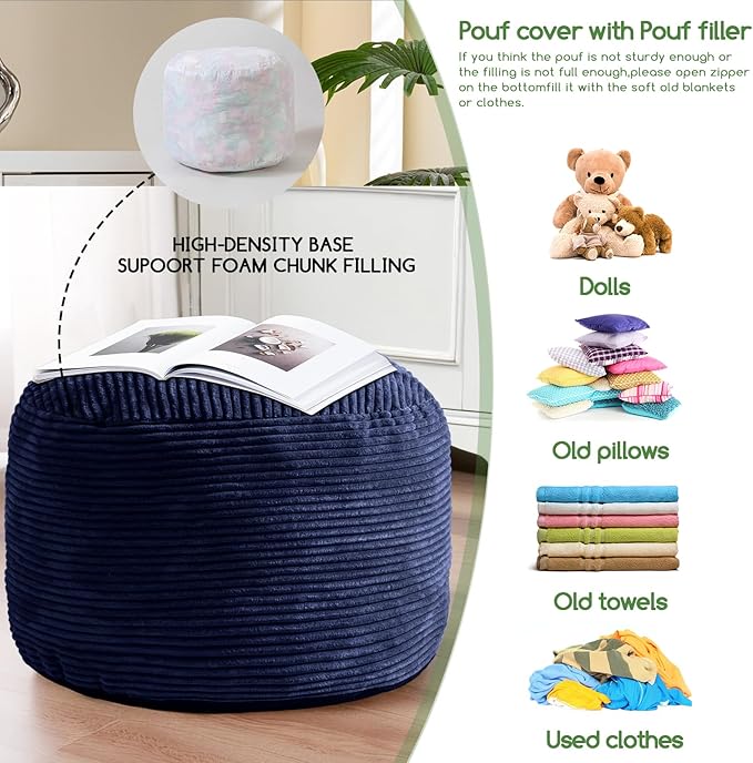HIGOGOGO Round Stuffed Pouf Ottoman, Corduroy Poufs - Image 4