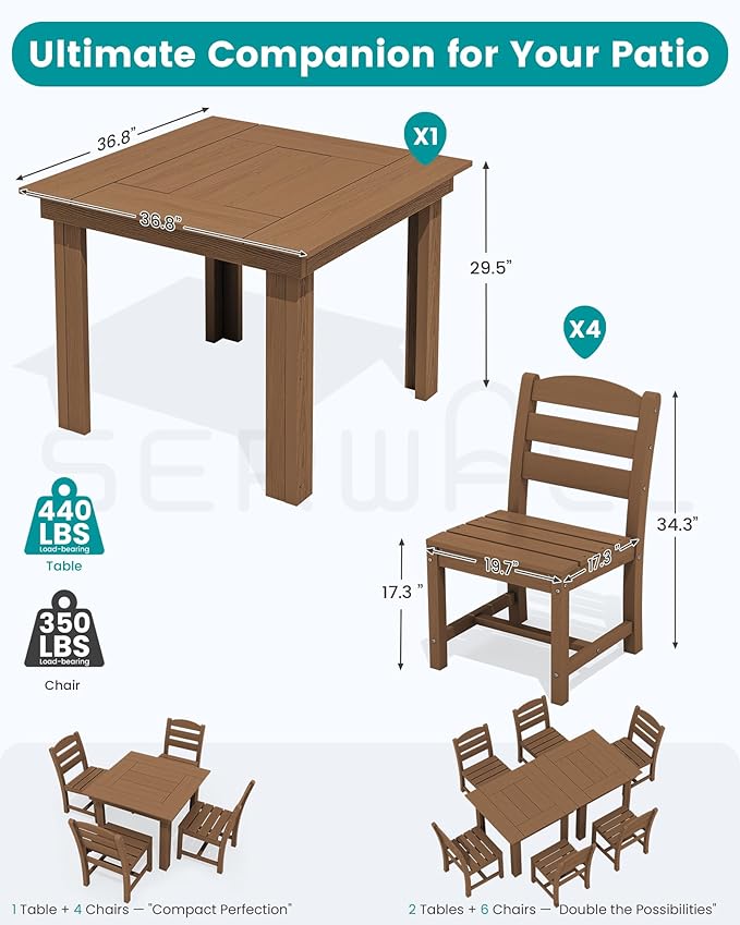 SERWALL Outdoor Dining Set for 4, HDPE Square Table and Chairs Set All Weather - Image 2