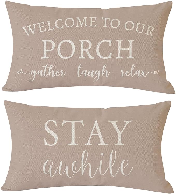 PANDICORN Welcome to Our Porch Stay Awhile Beige Outdoor Farmhouse Lumbar by PANDICORN