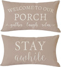 PANDICORN Welcome to Our Porch Stay Awhile Beige Outdoor Farmhouse Lumbar by PANDICORN