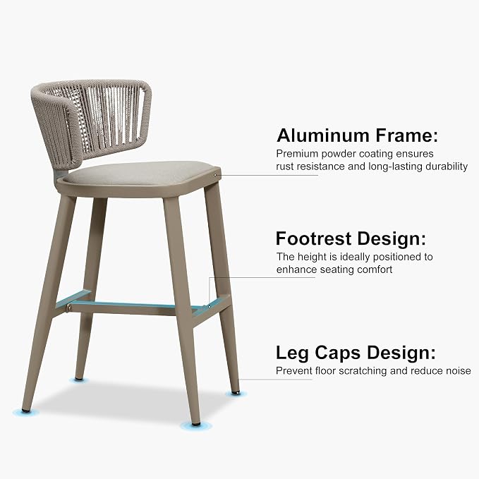 PURPLE LEAF Outdoor Bar Height Stool Set of 2 Modern Rattan Bar Chairs - Image 9
