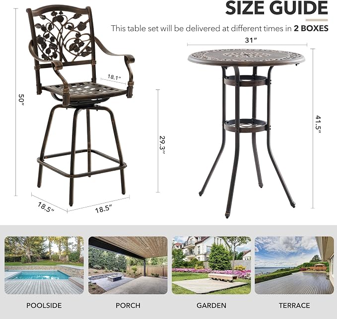 3 Piece Swivel Outdoor Table and Chairs Bar Set, All-Weather Cast Aluminum - Image 7