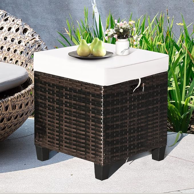 2PCS Patio Outdoor Ottomans, Rattan Wicker Ottoman Seat w/Removable Cushions - Image 7