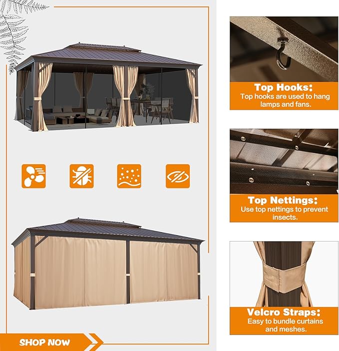 EROMMY 14'x20' Hardtop Gazebo Double Roof Galvanized Steel Canopy Outdoor - Image 5