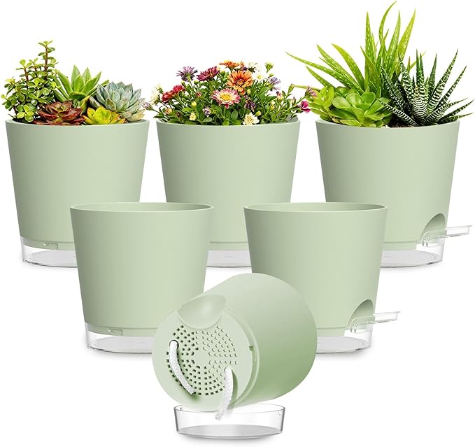 Plant Pots 5 Inch Self Watering Pots, 6 Pack Plastic Planters by SQKH