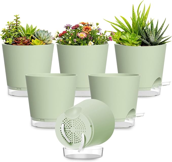 Plant Pots 4 Inch Self Watering Pots, 6 Pack Plastic Planters by SQKH