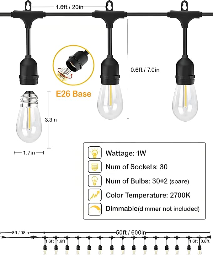50FT Outdoor String Lights for Patio, Balcony & Porch – 32 LED Edison Bulbs - Image 8