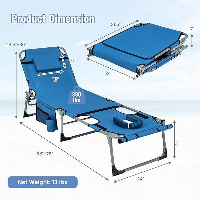 GYMAX Tanning Chair, 330LBS Beach Lounge Chair - Image 3