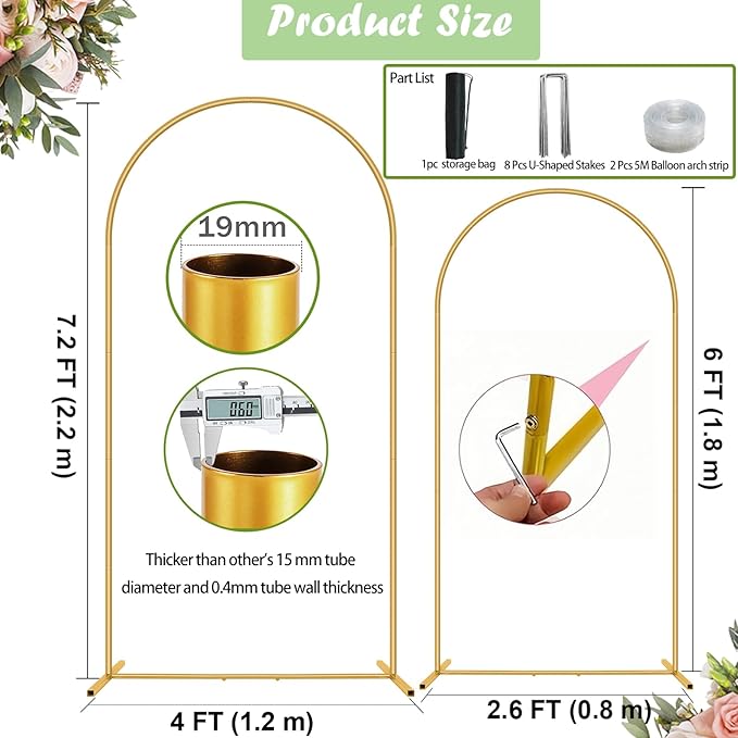 Metal Arch Backdrop Stand 7.2FT+6FT Wedding Arch Backdrop Stand Set of 2 Gold - Image 4