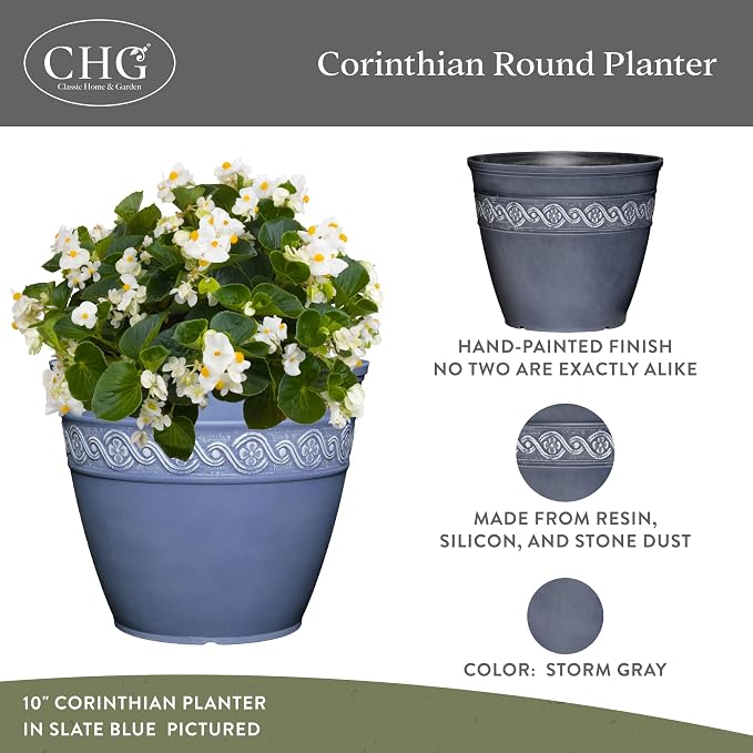 Classic Home and Garden Corinthian Round Resin Flower Planter Pot, Storm Gray 8" - Image 2