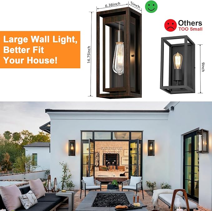 15" Large Outdoor Light Fixture Wall Mount, Distressed Brown Outdoor Sconce - Image 5