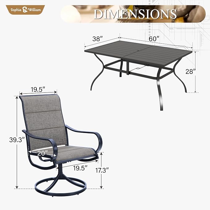 Sophia & William Patio Dining Set 7 Pieces, 6 x Patio Dining Swivel Chairs - Image 7
