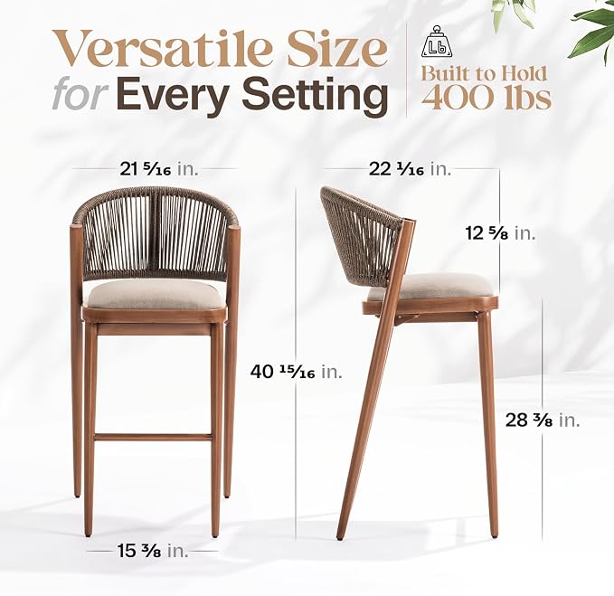 IDZO 400lbs Capacity Modern Rope Bar Stools Set of 2, 28 Inches Bar Height - Image 2