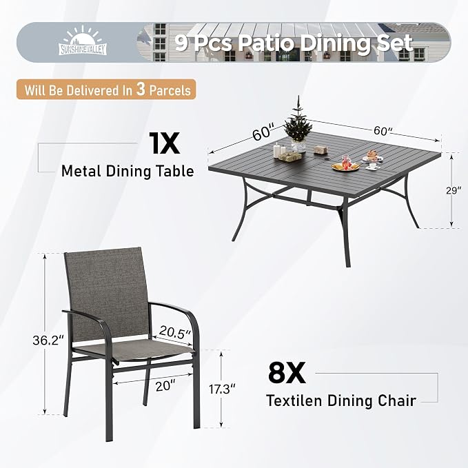 Patio Dining Set for 8, 8 x Stable Brown Dining Chairs, Outdoor Table and - Image 3