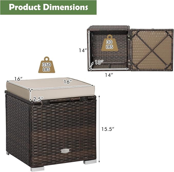 DORTALA Outdoor Storage Ottoman Wicker 2 Piece, Patio Ottomans PE Rattan Foot - Image 3