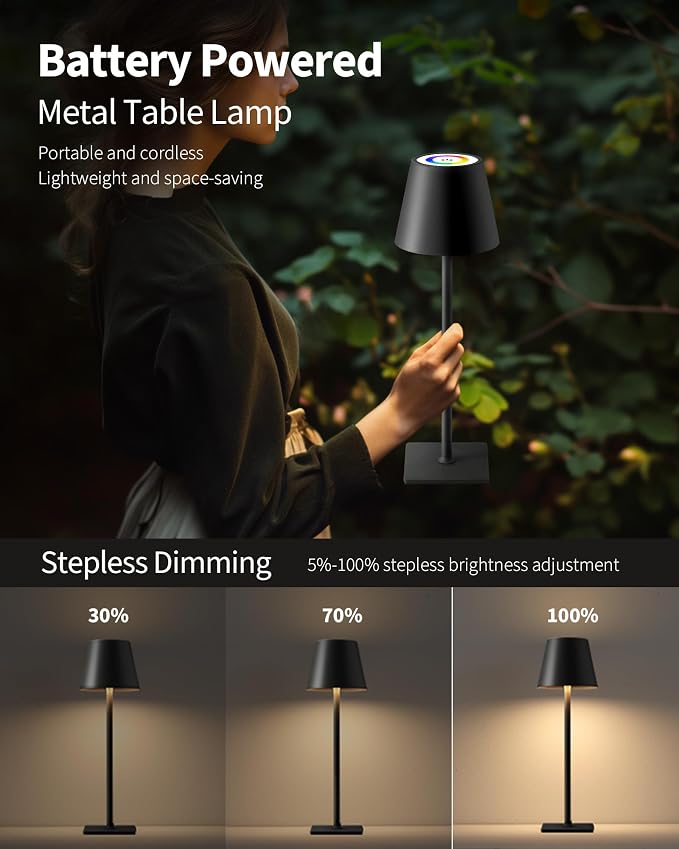 KDG 2 Pack Cordless Table Lamp, RGB Color Stepless Dimming Up, 4000mAh Battery - Image 4