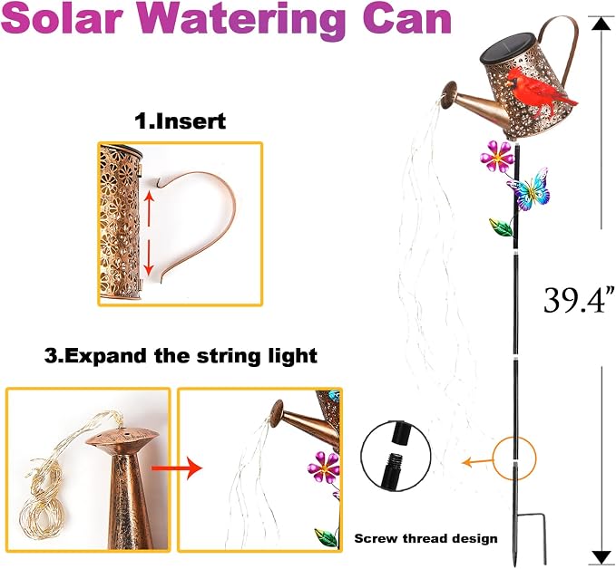 Solar Watering Can with Lights Outdoor Garden, 41in Large Red Cardinal Garden - Image 7