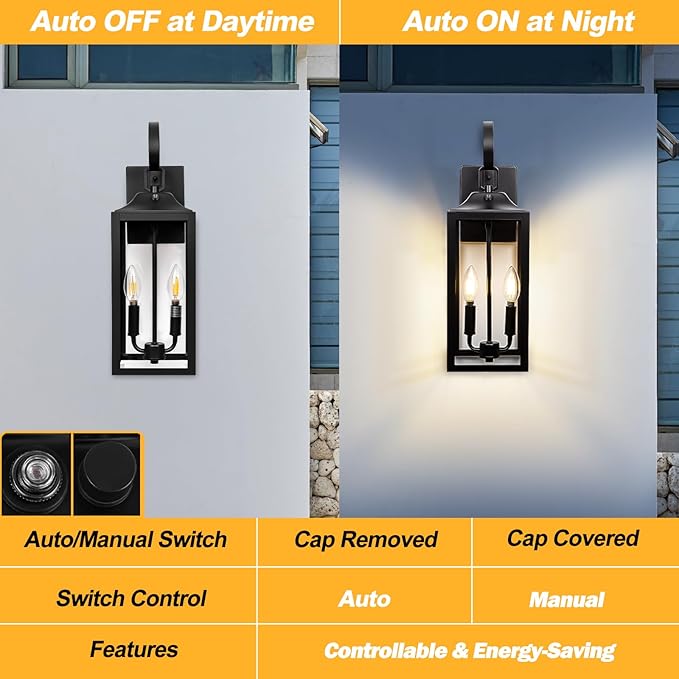 Black Dusk to Dawn Outdoor Wall Lantern 2-Light, Industrial Porch Light Wall - Image 6