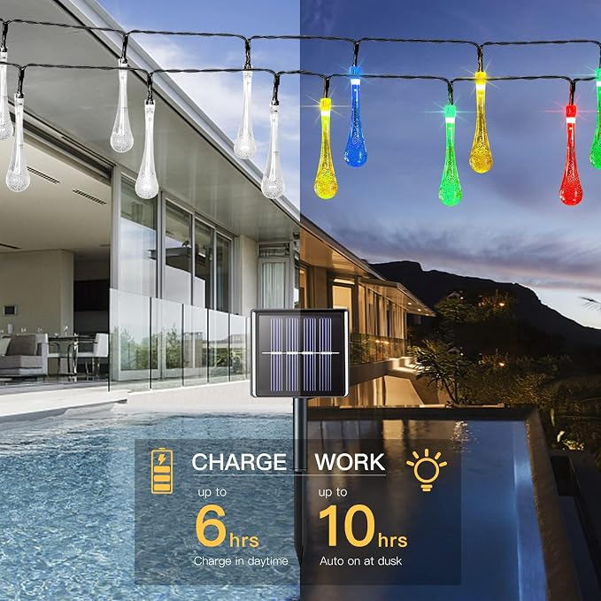 suddus 2 Pack 30 LED Solar String Lights Outdoor Waterproof, Water Drop Solar - Image 2