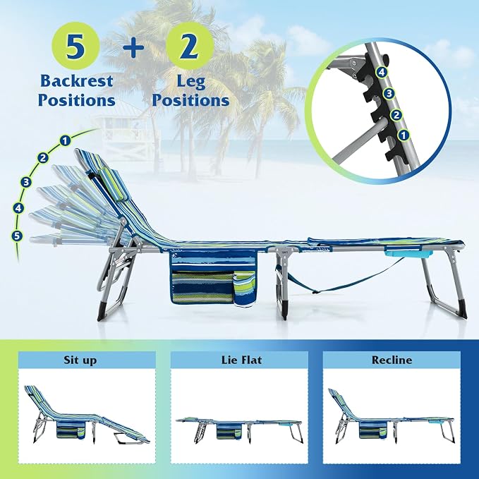 GYMAX Tanning Chair, 330LBS Beach Lounge Chair w/Face Arm Hole & Hand Shoulder - Image 4