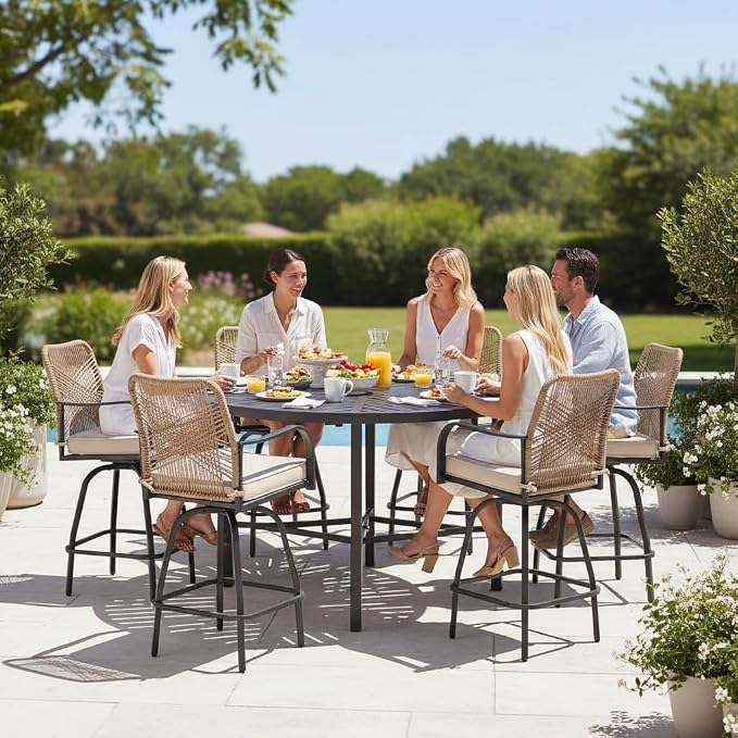 Outdoor Bar Stools Set of 6, 360° Swivel Metal Frame, Wicker Patio Bar Height - Image 2