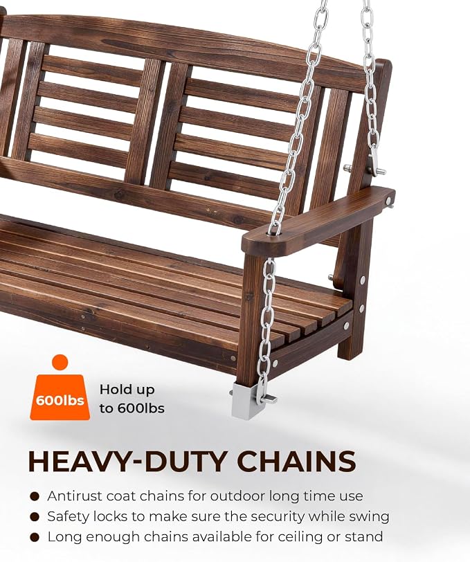 Outvita Wooden Porch Swing, Outdoor Patio Swing, Room 600 lbs Capacity Fir Wood - Image 4