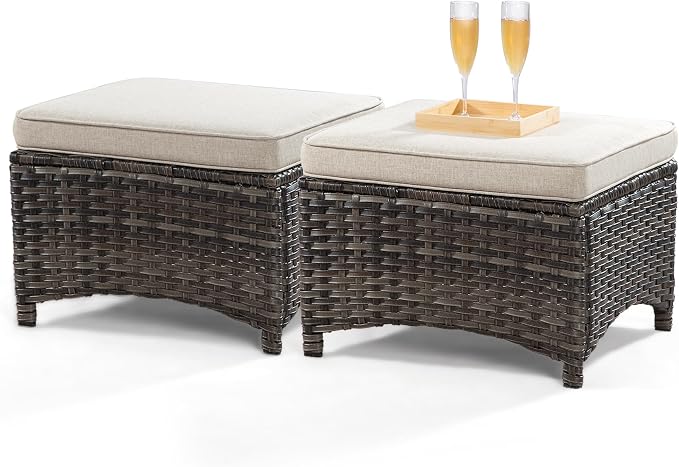 Outdoor Ottomans for Patio Set of 2 PE Wicker Steel Frame Outdoor Footstool - Image 3