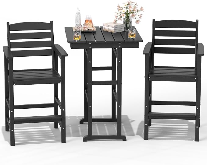 FOOWIN 3 Piece Outdoor Bar Height Table and Chairs, All Weather HDPE Patio Bar by FOOWINOUTDOORSHOW