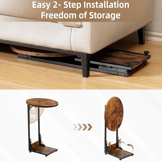 Elbourn Folding Side Table End Couch Tables, Metal Frame C-Shaped TV Stand - Image 9