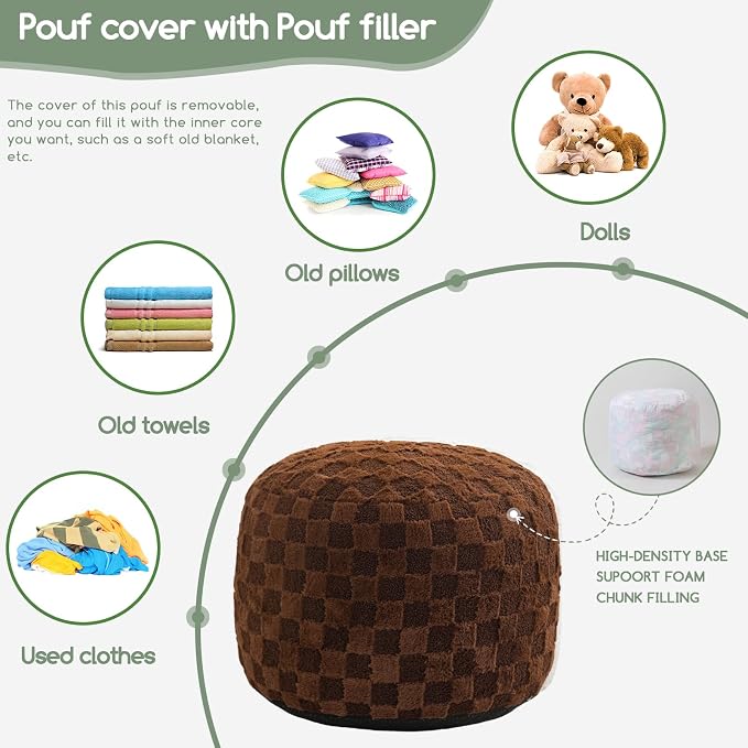 HIGOGOGO Round Stuffed Pouf Ottoman, Plaid Poufs - Image 3
