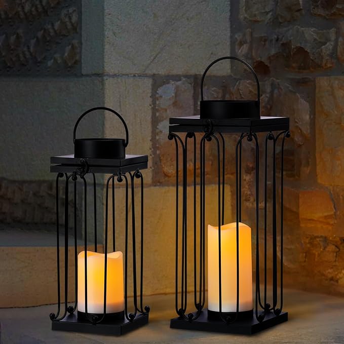 Solar Lantern Decorative Outdoor Set of 2 Modern Black Metal Lanterns - Image 6