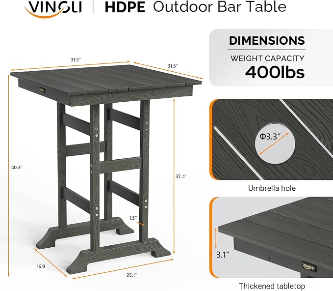 VINGLI 3-Piece Outdoor Patio Bar Table and Chairs Set, HDPE Bar Set All Weather - Image 5