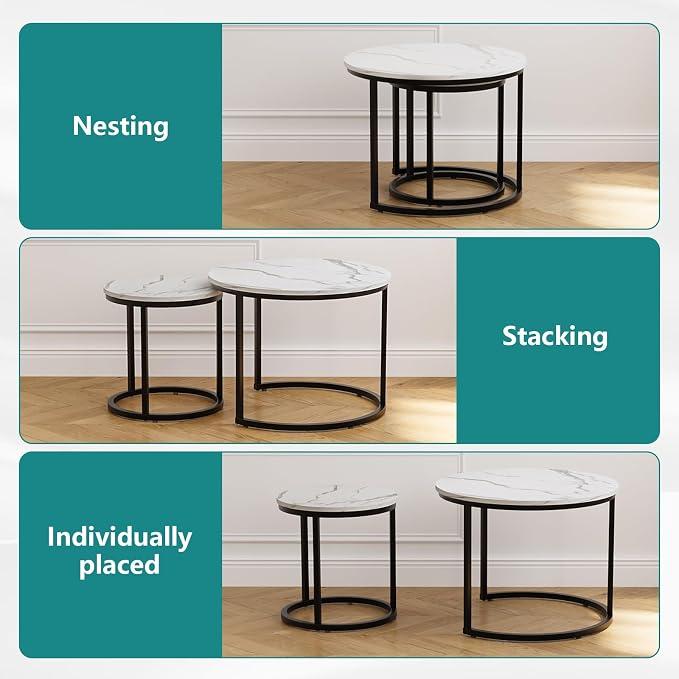 Smuxee White Nesting Coffee Table Set of 2, 23.6" Round Coffee Table Wood Grain - Image 5