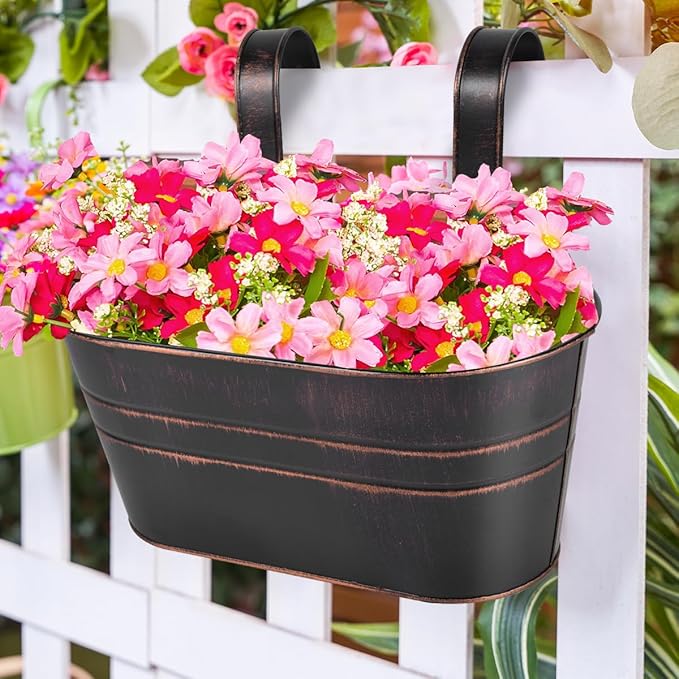 OBTANIM 4 Pack Metal Hanging Flower Pots Iron Railing Planter Outdoor Fence - Image 6