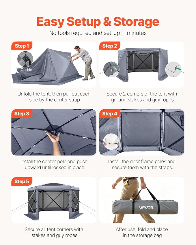 VEVOR Pop up Gazebo Screen Tent, 12 x 12 ft Large 6-Sided Camping Canopy Tent - Image 5
