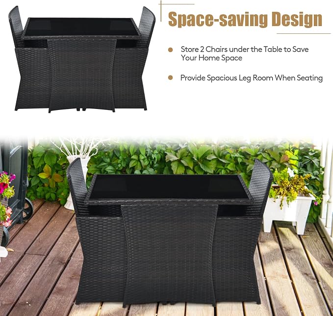 Tangkula 3 Pieces Patio Dining Set, Space-Saving PE Rattan Bistro Set - Image 5